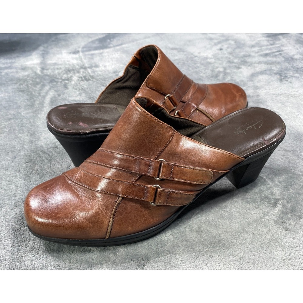 Clarks Bendables Shoes Womens 10M Brown Leather Mule Slip-On Buckle Clog Comfort
